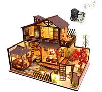 Montidey Kit de casa de muñecas de madera de estilo japonés grande de lujo con múltiples capas para casa de muñecas con movimiento musical para regalo de boda de San Valentín
