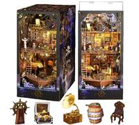 Montidey Rompecabezas de madera 3D para decoración de estantería con sensor de luz, caja de música, kit de montaje de rincón de libros en miniatura para casa de muñecas, sujetalibros, kit de