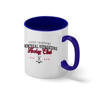 Montreal Voyageurs Hockey Club Coffee Mug - Heated Rivalry Fan Merch - Shane Hollander BookTok Reader Gift Blanca taza de café con el borde azul y la manija Mug