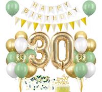 Montrestar Decoración Cumpleaños 30 Años Oro Verde, Globo 30 con Confeti, Guirnalda Happy Birthday, para Hombre y Mujer