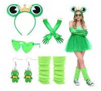 Montrestar Disfraz de rana para adultos, 5 unidades, disfraz de rana para mujer, diadema de rana, pendientes de rana, gafas de sol de corazón verde, guantes, disfraces de cuento de hadas para mujer
