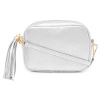 Montte Di Jinne Bolso cruzado para cámara de mujer con borla de cremallera, correa ajustable, 100% piel auténtica, fabricada en Italia, Silver, Length: 20cm Height: 15cm,Width: 8cm