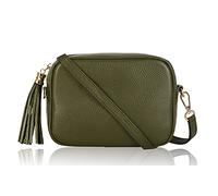 Montte Di Jinne Bolso cruzado para cámara de mujer con borla de cremallera, correa ajustable, 100% piel auténtica, fabricada en Italia, verde oliva, Length: 20cm Height: 15cm,Width: 8cm