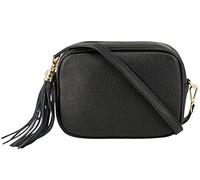 Montte Di Jinne Bolso cruzado para cámara de mujer con borla de cremallera, correa ajustable, 100% piel auténtica, fabricada en Italia, Black, Length: 20cm Height: 15cm,Width: 8cm