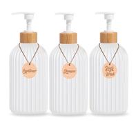 monTTese Dispensador Jabon Baño | Set de 3 Botes para Gel Champu y Acondicionador 500ML con 3 Colgantes de bambú | Este Dosificador Jabon Baño Color Blanco es Elegante y Realzará el Estilo de tu hogar