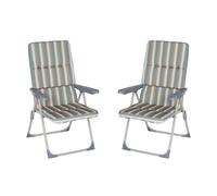 MONTY Set de 2 Sillones de Jardín Acolchado y Reclinable en 4 Posiciones Verde Multicolor. Estructura de Tubo de Acero anticorrosión y Lona a Rayas. Colchón de 5 cm de Grosor, Plegable. 61x58x106 cm.