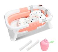 Monucep Bañera plegable para bebés con termómetro integrado y vaso para lavar el pelo, bañera portátil para recién nacidos a niños pequeños con alfombrilla antideslizante y orificio de drenaje, color