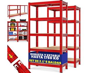 Monzana® 2X Estanterías Almacenaje Metálica 5 Baldas MDF 1750Kg 180x90x40cm Estantes Cargas Pesadas Orden Taller Garaje Trastero Almacén Cocina Rojo