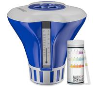 MONZANA Dispensador Cloro Piscina para Tabletas de 20-200 g | Incluye 150 tiras reactivas 3 en 1, pequeñas y grandes, resistentes a los rayos UV, con termómetro, juego de cuidado del agua