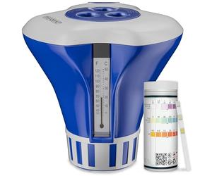 MONZANA Dispensador Cloro Piscina para Tabletas de 20-200 g | Incluye 150 tiras reactivas 3 en 1, pequeñas y grandes, resistentes a los rayos UV, con termómetro, juego de cuidado del agua