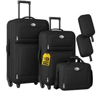 MONZANA Juego Maletas Viaje 5 Piezas con Ruedas Tela Oxford Negro | 60L Grande, 34L Mediana, 16L Cabina, 2 Neceseres 3L, Asa Telescópica, Repelente Agua, Cierre Clic, Correas Ajustables