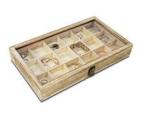 Mooca Vitrina de madera para joyas con tapa de vidrio templado y bandeja de 18 compartimentos, caja de colección de rocas, vitrina de cristal, color roble