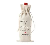 MOODKEY Bolsa de regalo de vino de arpillera, 1 pieza con texto en inglés "Welcome to a New Chapter in Your Life", bolsa de vino de 13.5 x 5.9 pulgadas, bolsa de regalo para mujeres, regalo de