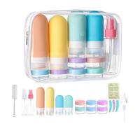 MOODKEY Juego de 20 botellas de viaje, recipientes de viaje de silicona a prueba de fugas, juego de botellas para champú, acondicionador, loción con bolsa de aseo