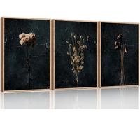 Moody Dark Orange Floral Canvas Wall Art Black Flower Botanical Wall Painting Print for Living Room, Bedroom, Office(60x80cm x 3/Inner frame)