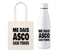 Mookase Pack Tote Bag y Botella 700 ml Me Dais Asco Casi Todos para Mujer, Bolsa de Tela con Asa Larga y Botella Blanca de Rosca, Regalo Original