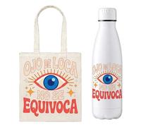 Mookase Pack Tote Bag y Botella 700 ml Ojos De Loca No Se Equivoca para Mujer, Bolsa de Tela con Asa Larga y Botella Blanca de Rosca, Regalo Original