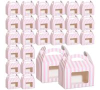 Mooliwe 50 cajas a dos aguas de 4 x 2.5 x 2.5 pulgadas para recuerdos de fiesta, cajas de papel a rayas rosas y blancas con ventana transparente para princesa, baby shower, cumpleaños, boda, fiesta