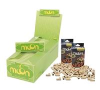 MOON 50 folletos de papel de madera de tamaño regular corto de 70 x 36 mm, 1 caja de 2500 hojas de papel de lino con 2 cajas de 240 puntas de filtro preenrolladas de 7 mm de diámetro