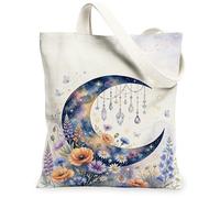Moon - Bolsa de lona para mujer, diseño de fantasía, flores, estrellas, verano, violeta, lavable, reutilizable, ideas para familiares, amigos, colegas, lectura, amor, 13 x 15 pulgadas