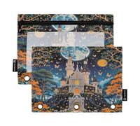 Moon Castle Night - Juego de 2 estuches para carpetas de 3 anillas, cremallera suave con ventana de PVC transparente para suministros escolares