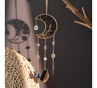 Moon Crystals - Atrapasueños con árbol de la vida, gema natural de ágata para colgar en la pared, para ventanas, jardín, decoración del hogar (negro)