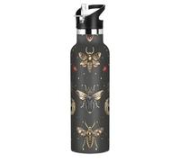 Moon Insects - Botella de agua bohemia de acero inoxidable con tapa con pajilla, botella aislada para niños y niñas, deportes, 20 onzas líquidas