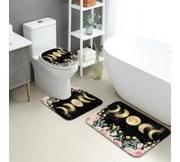 Moon Phases - Juego de tapetes de baño de 3 piezas, diseño floral de rosas durazno, absorbentes, antideslizantes, en forma de U, lavable, cielo nocturno, de franela de secado rápido