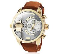 Moondoggies - LZX Hombres Dos Zonas Horarias Oro Caqui Cuero Banda de Cuarzo Reloj de Pulsera (Colores Surtidos), Negro [Vinilo]