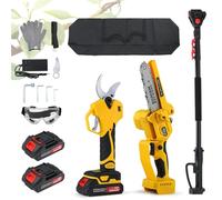 Moongiantgo 3-en-1 Sierra de Pértiga Inalámbrica & Podadora Digital, Tijeras de Poda 6,5cm & Motosierra 15cm con Pértiga Telescópica 2m, 2x2000mAh, Cabeza Ajustable, Bolsa Almacenamiento (amarillo)