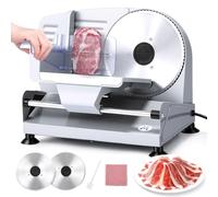 Moongiantgo Cortadora de Fiambre, 2 Cuchillas, Grosor Ajustable 0-15mm | Cortafiambres Electrico, Removible Cuchilla 19cm de Acero Inox, Seguridad Infantil, para Carne, Queso, Pan, Jamón & Verduras