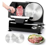 Moongiantgo Cortadora de Fiambre, 2 Cuchillas, Grosor Ajustable 1-20mm | Cortafiambres Electrico, Removible Cuchilla 18.5cm de Acero Inox, Seguridad Infantil, para Carne, Queso, Pan, Jamón