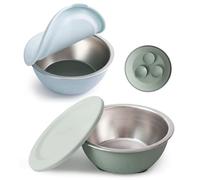 Moonkie Cuencos Bebé de Acero Inoxidable con Tapas de Silicona y Base de Succión | Diseño de Una Pieza | Sin BPA | 13oz | Lavavajillas | Desde 4M+ | Pack de 2 (Azul pastel/Verde salvia)