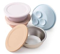 Moonkie Cuencos Bebé Inox con Tapas Silicona y Base de Succión | Diseño Monopieza | Sin BPA | 13oz | Lavavajillas | 4+ Meses | Pack de 4 (Rosa empolvado/Lila bruma/Azul pastel/Beige cálido)