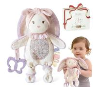 Moonkie Peluche Bebe, Doudou de Conejito, Muñecos de Apego con Mordedor de Silicona, Regalo Bebe Recien Nacido Niña, Manta de Seguridad Suave, Juguetes con Cintas Texturizadas, Orejas Arrugadas