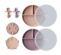 Moonkie Platos de Silicona para Bebé, 2 Piezas Antivuelco Con Tenedor y Cuchara, Ventosa, Sin BPA, Apto para Lavavajillas, Refrigeradores y Microondas (Blush/Malva)