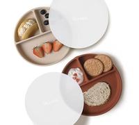 Moonkie Platos de succión para bebés y niños pequeños | Platos divididos de silicona sin BPA con tapa | Aptos para microondas y lavavajillas - 2 Pack (Shifting Sand/Croissant)