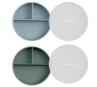 Moonkie Platos de succión para bebés y niños pequeños | Platos divididos de silicona sin BPA con tapa | Aptos para microondas y lavavajillas - 2 Pack (Ether/Sage)