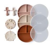 Moonkie Platos Silicona para Bebé, 3 Piezas Antivuelco con Tenedor y Cuchara, Plato Ventosa, Apto para Lavavajillas, Refrigeradores y Microondas (Blush/Amarillo Tierra)
