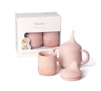 Moonkie Vaso Aprendizaje Bebe, Juego de Taza Silicona 60 ml & Vaso Antiderrame de 3 Etapas 120 ml, Vaso Agua Bebe 4 Meses +, sin BPA, 6~12 Meses, Apto para Lavavajillas(Juego de Blush)
