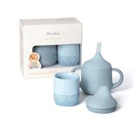 Moonkie Vaso Aprendizaje Bebe, Juego de Taza Silicona 60 ml & Vaso Antiderrame de 3 Etapas 120 ml, Vaso Agua Bebe 4 Meses +, sin BPA, 6~12 Meses, Apto para Lavavajillas(Juego de Éter)