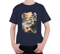 Moonlight Japón Pescador Barco Luna Roja Lago Camiseta Niños, azul marino, 140