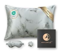 MOONLIGHT Silk Sleep Beauty Set 100% Seda de Morera, 22 Momme, 50x75 cm - Funda de Almohada | Antifaz para Dormir | Coletero - Grado 6A, Oeko-Tex Piel hidratada y sin Arrugas (Mármol Atemporal)