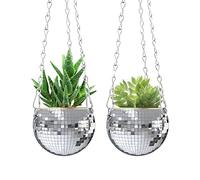 moonoom 2 macetas Plateadas de Bola de Discoteca con Cadena, Maceta Colgante Bohemia para el hogar, macetas Colgantes de Bola de Espejo de 4 Pulgadas para Plantas de Interior y Exterior