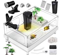 MoonOrange Kit de tanque de tortuga pequeño (tanque, luz y filtro), kit de inicio de tanque de tortuga acrílico con plataforma de tomeo, drenaje inferior, áreas multifunción para tortugas, cangrejos