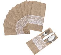 MoonSing Tenedor de Yute Arpillera, 30pcs Bolsas de Cubiertos de Encaje, Vajilla Bolsas de Cuchillo Cuchara, Natural Vintage Utensilios Para Boda Decoración De Mesa Fiestas Navidad Cumpleaños
