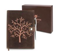 moonster Diario Personal Recargable Funda de Cuero - Árbol de Vida en Relieve - Cuaderno de Notas de Cuero Genuino Hecho a Mano con Portalápices - Libreta A5 con Papel y Bolígrafo Plateado