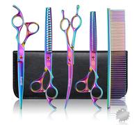 Moontay Colorfu - Juego de tijeras profesionales de aseo para perros de 7 pulgadas, 8 en 1, rectas, curvas, adelgazantes, con peine, ajustador de tensión, paño de limpieza y estuche de almacenamiento