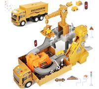 MOONTOY 4 en 1 Pista de Coches para Niños, Vehiculos Construccion Juguete Niños con Camiones Grandes, Gruas, Bulldozer, Grúa Torre de Construcción, Navidad Cumpleaño Regalo para 3 4 5 6 7 8 9 10+ Años