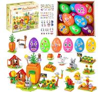 MOONTOY Blocs de Construction de Pâques 12-en-1 pour Enfants, Ferme de Carottes avec Lapin, Poule et Tulipes, 12 Œufs DIY avec 4 Autocollants, Cadeaux et Paniers de Pâques pour Garçons et Filles 6+